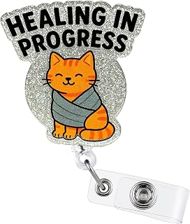 Funny Nurse Gifts Badge Holder Healing Cat Veterinary ID Badge Clip | Mental Health Gifts Cute Healing Cat Retractable Badge Reel for RN LPN CNA MA Therapist Counselor Nurse Pediatrics Doctor