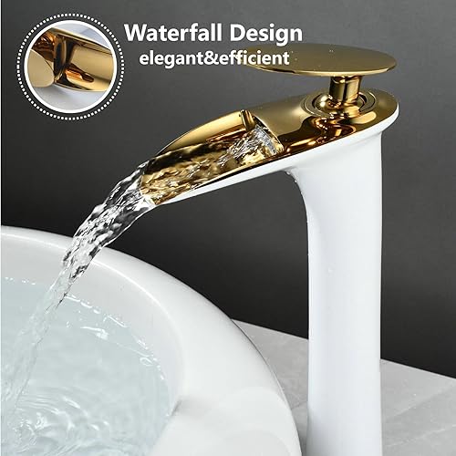 Miniatura 4 de Grifo de lavabo de baño cascada de baño de un solo orificio alto de recipiente grifos de baño, blanco y oro, latón sólido, SHUNLI