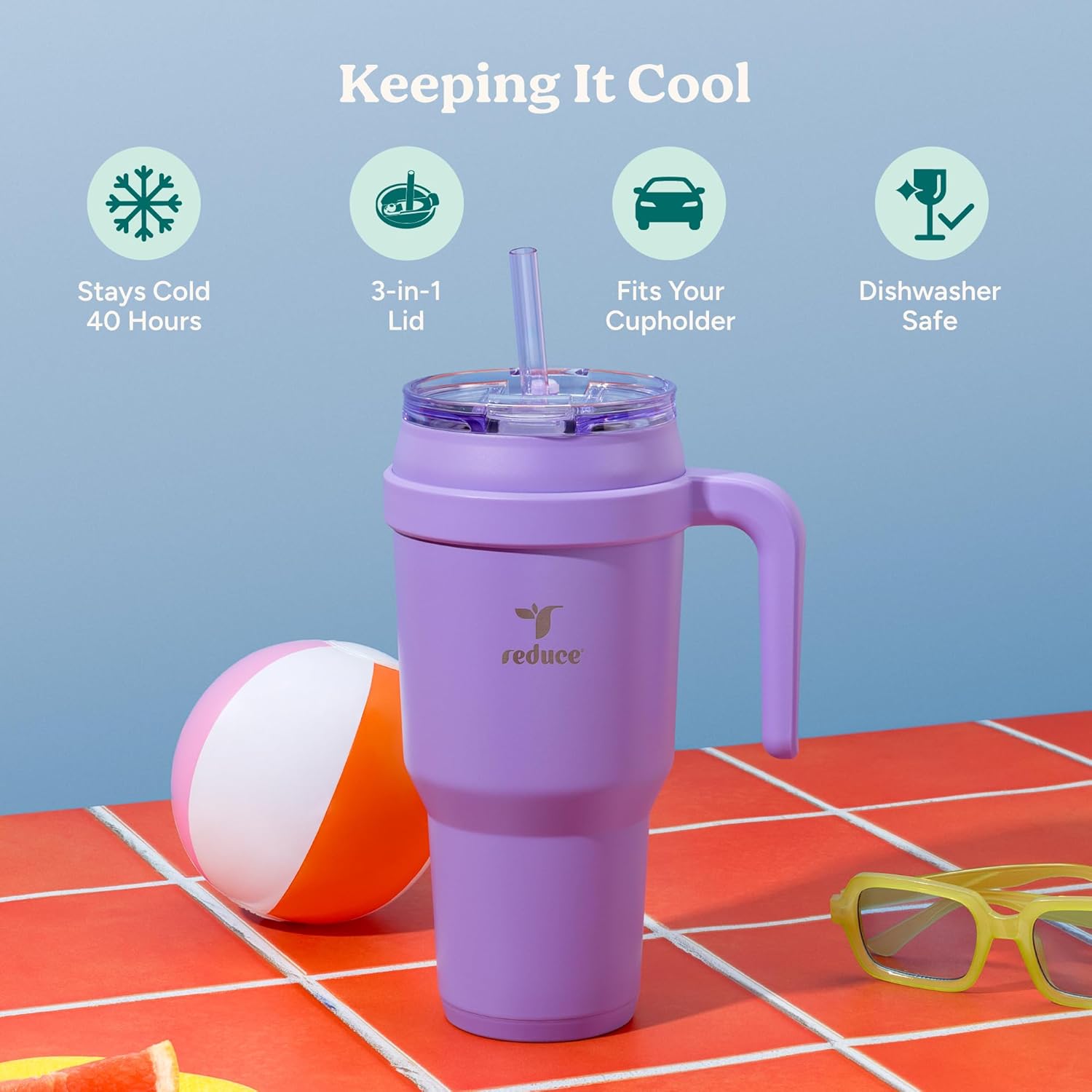 Reduce 40 oz Stainless Steel Tumbler with Handle - Dual-Wall Vacuum Insulated Travel Mug, Sweat-Proof Lid & Reusable Straw - Keeps Drinks Cold for 24 Hrs, Fits Cupholders, Dishwasher Safe-Purple Punch - Image 2