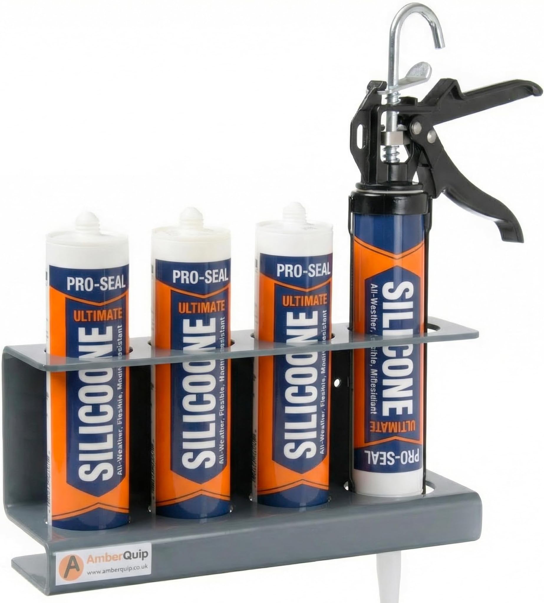 Silicone & Sealant Tube Holder – PVC Van & Wall Mounted Storage Rack | Rustproof Mastic Cartridge Organiser for Workshop, Garage, Plumbers & Trade Vans. Grey. (Gun & 3 Tube Holder)