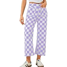 Odefou Cropped Jeans for Women Checkered Pants Casual High Waisted Stretchy Straight Leg Trousers with Pockets