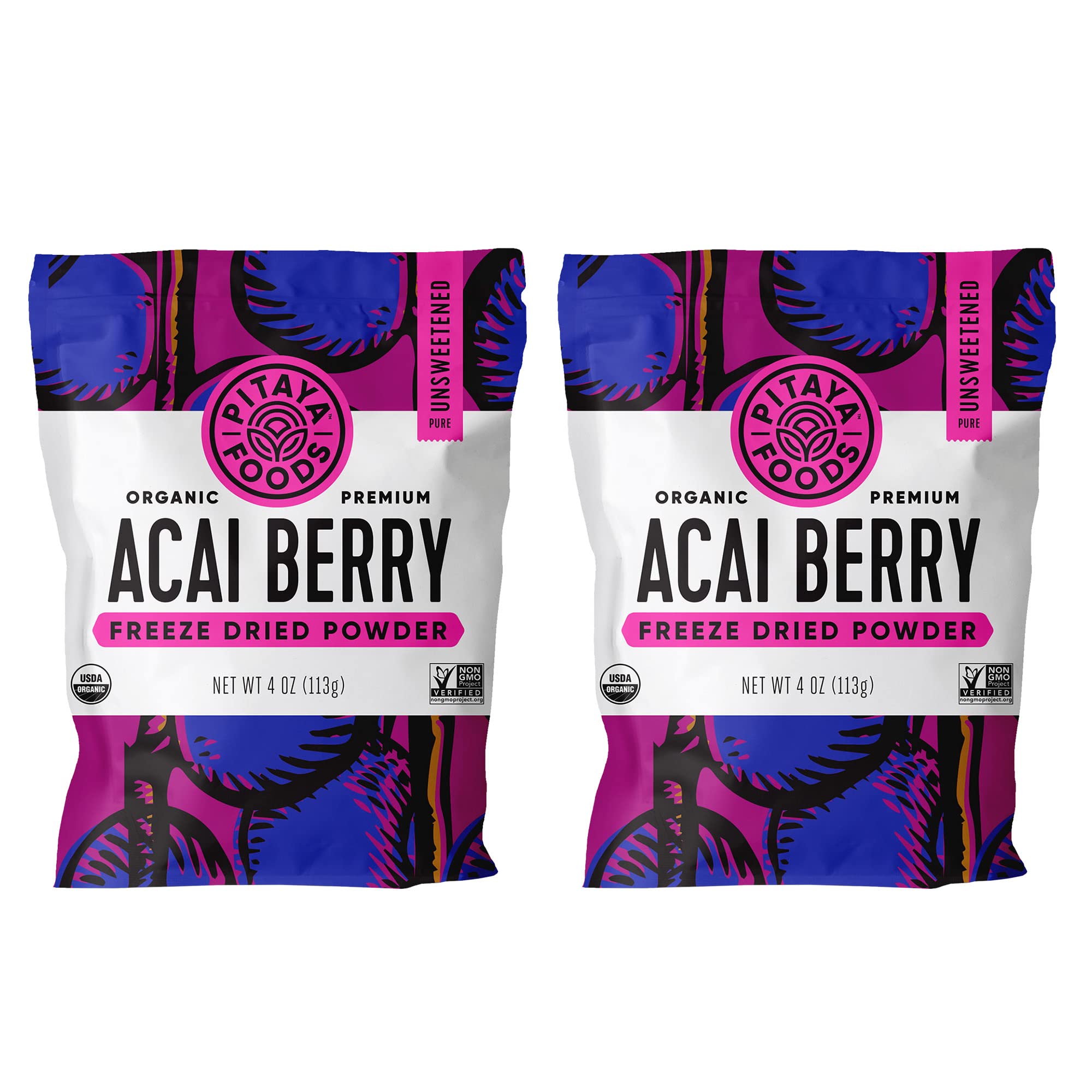 Pitaya Foods - Organic Freeze Dried Acai Berry Powder, USDA Certified Organic, Gluten Free, Dairy Free, Vegan, Kosher, (4 OZ, 2-Pack) Resealable