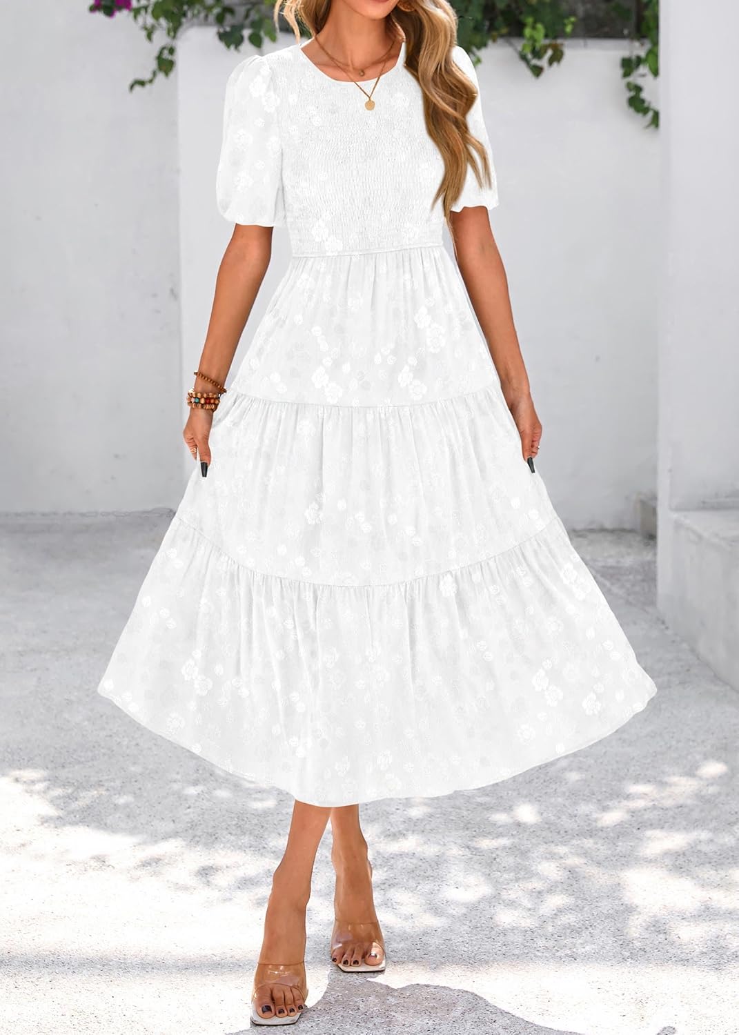 KIRUNDO Womens Summer Dresses Wedding Guest Floral Midi Sundress Short Puff Sleeve Flowy A Line Smocked Tiered Boho Dress - Image 3