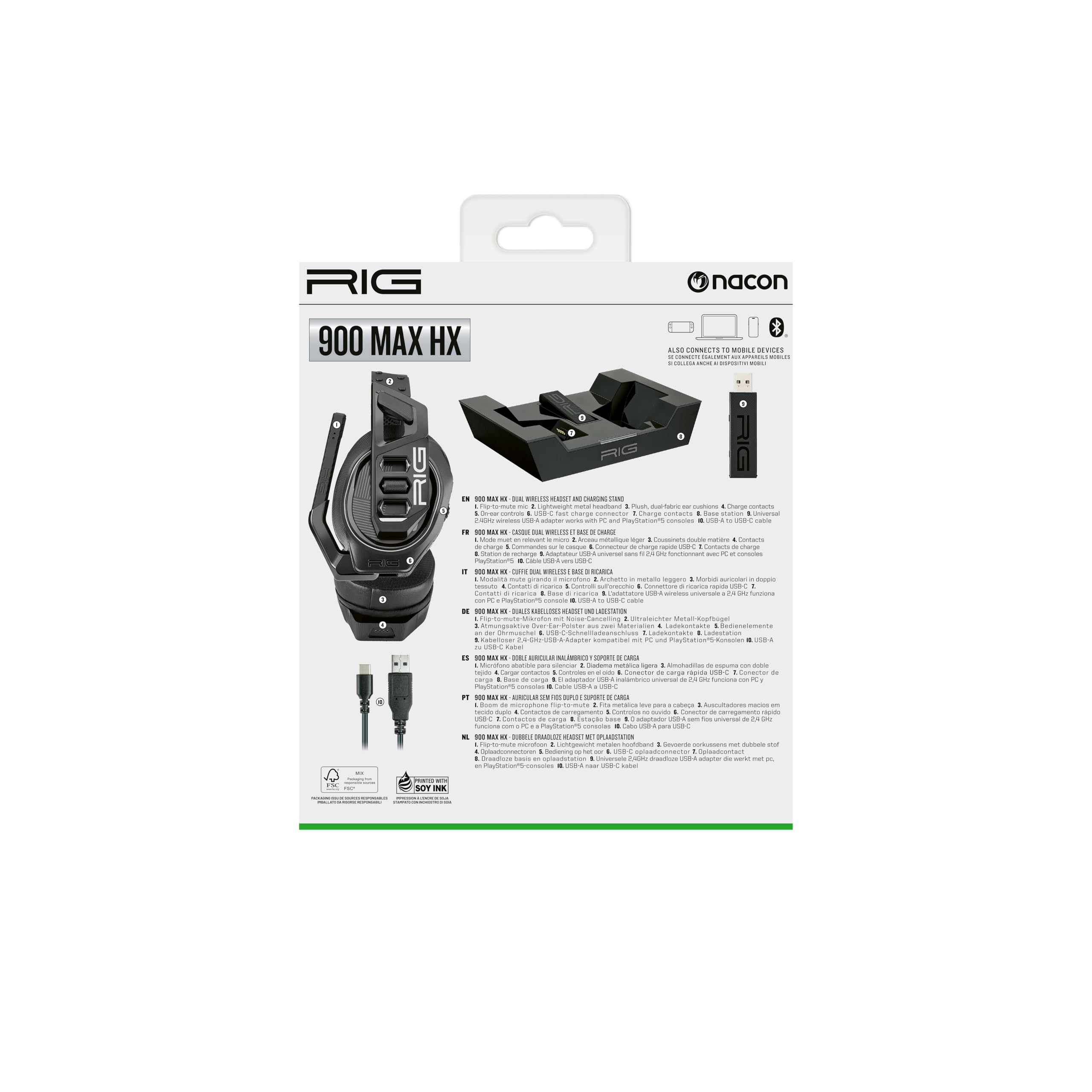 Nacon - Auriculares para Juegos y estación Base Bluetooth, conexión de 2,4 GHz autonomía 60 Horas Oficial Xbox Compatible con PC RIG900