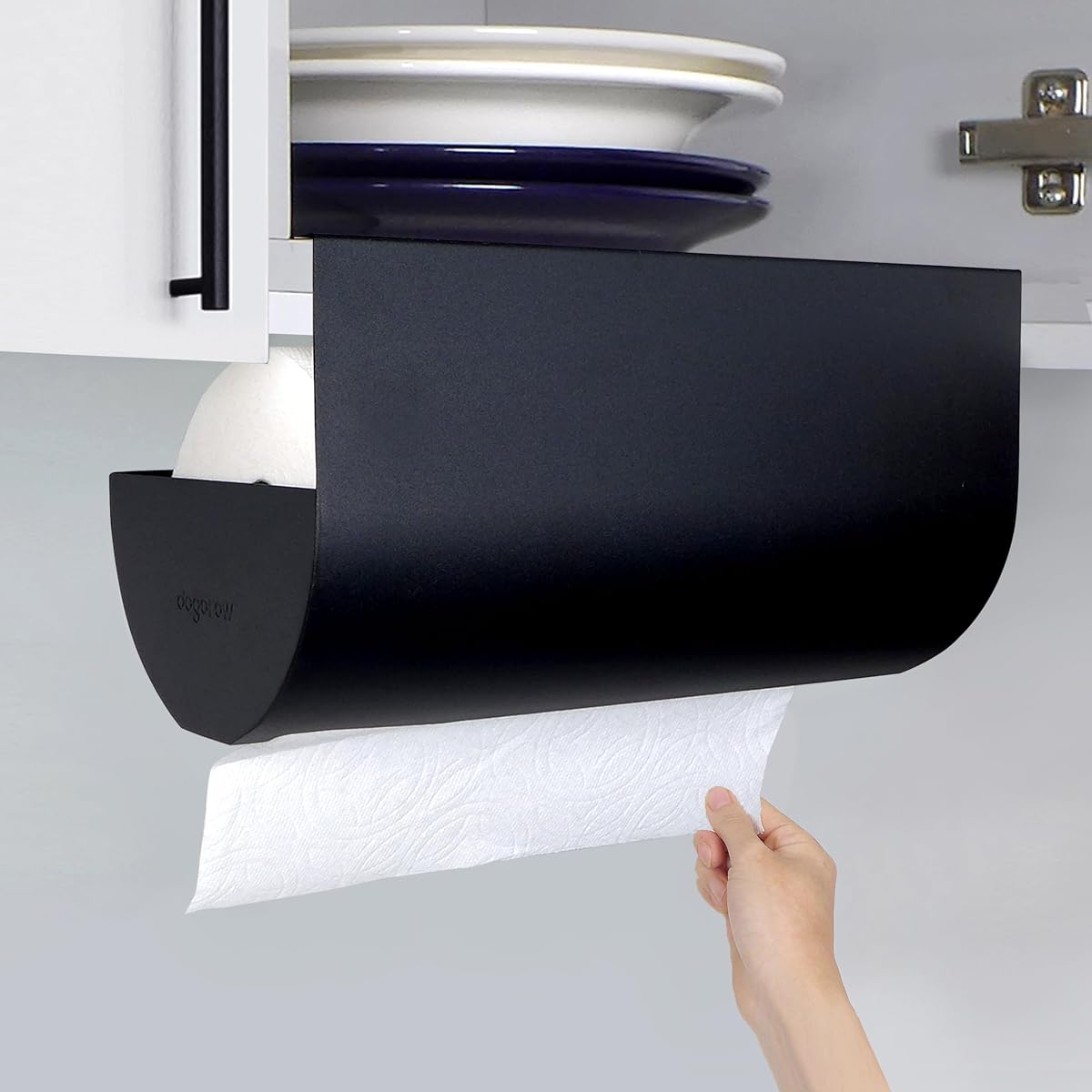 Soporte para toallas de papel – Debajo del gabinete, estante para colgar autoadhesivo sin taladro, fácil de rasgar, elegante dispensador de rollos de cocina de metal que ahorra espacio, aspecto de montaje en pared, almacenamiento y organización de la cocina – negro