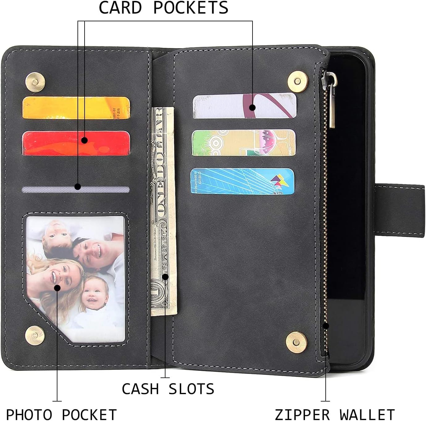 QLTYPRI Wallet Case for Samsung Galaxy A13 5G/A04s, Premium Vintage PU Leather Zipper Pocket Case with Card Holder Slots Magnetic Closure Kickstand Wrist Strap Shockproof Flip Folio Case - Black