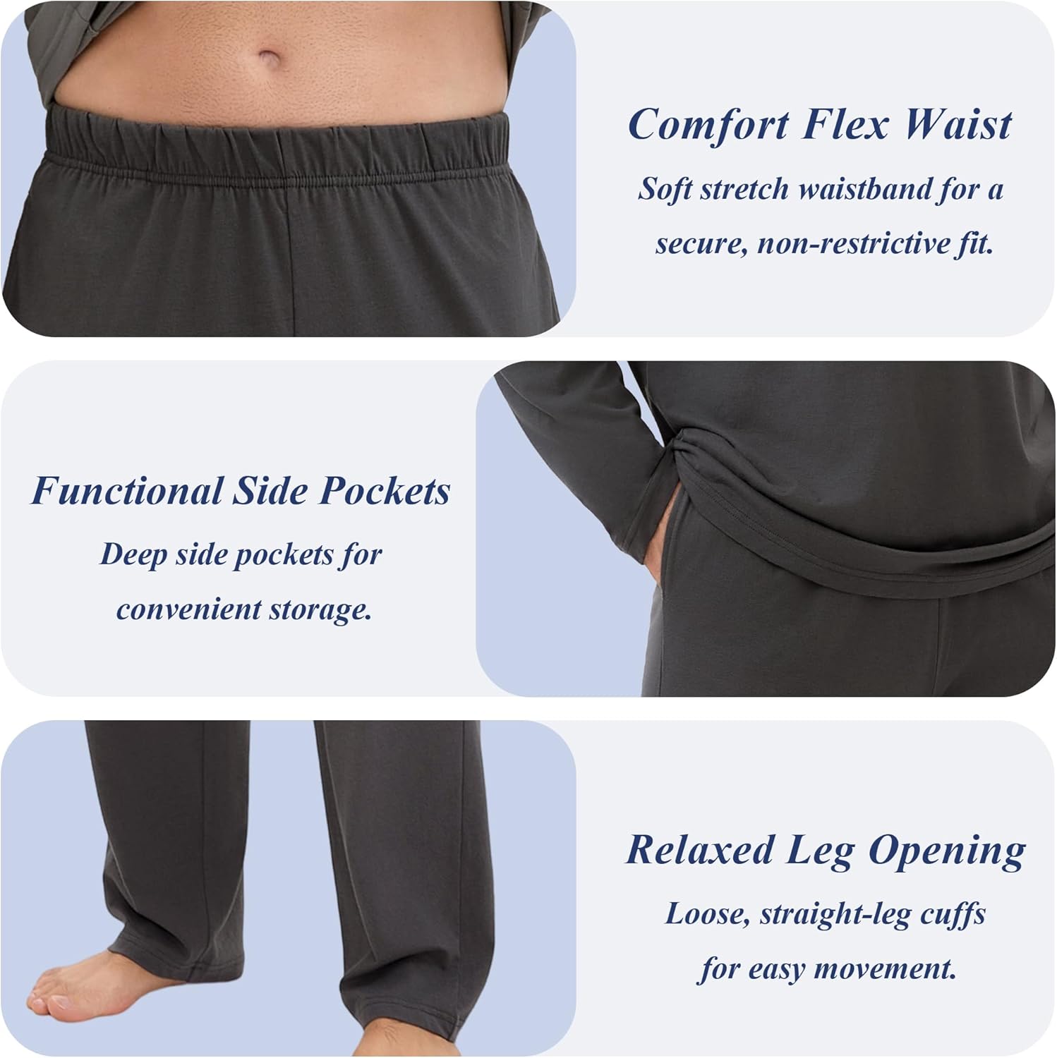 Mens Pajamas Set Comfy Pj Sets Long Sleeve Pajamas Cotton 2-Piece Loungewear Nightwear with Pockets - Image 5