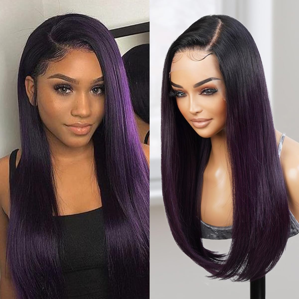 GLAM21USA The Stylist Human Hair Blend 13x6 Lace Front Wig Athena Straight 23 inch Brown HD Lace (Ombre Blend Of Off Black to Purple OET1BPURPLE)