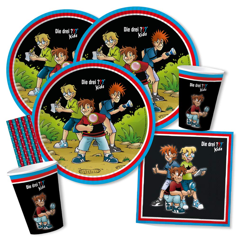 dh-konzept/spielum44-Piece Party Set - Three Question Marks ??? Kids - Plates Cups Napkins Straws for 8 Children