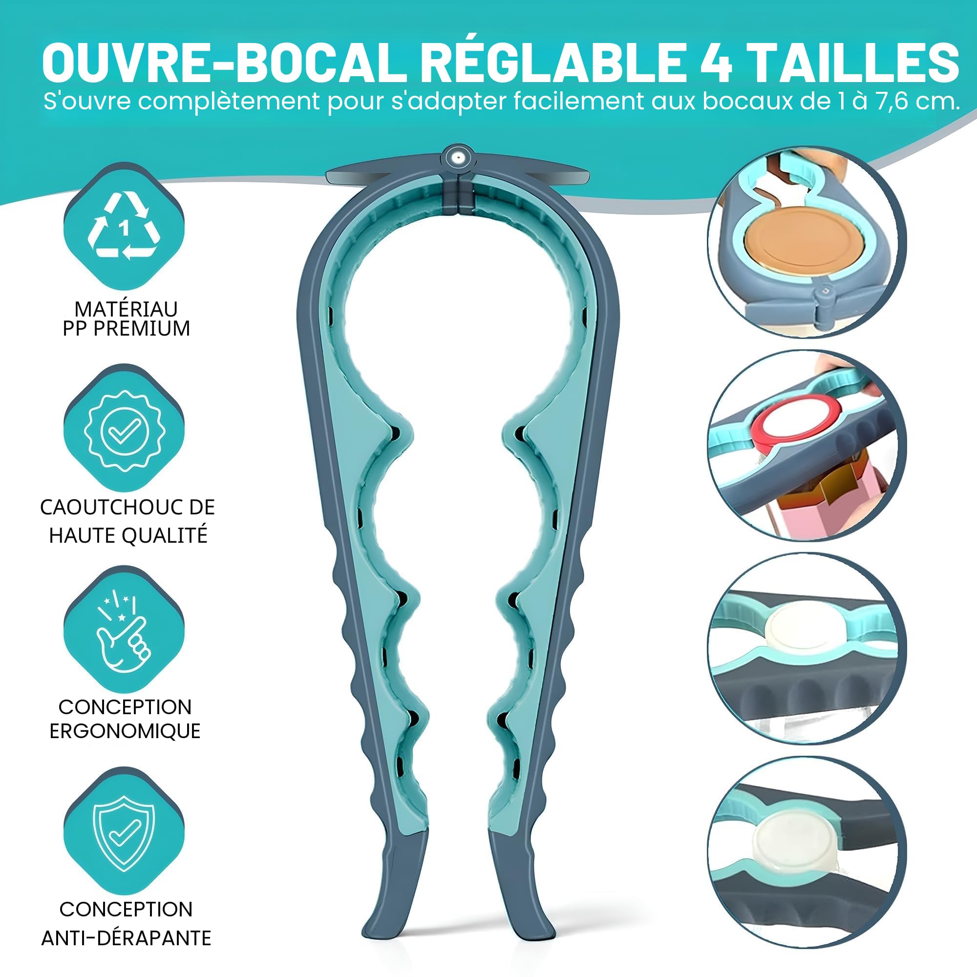 Ouvre-bocal multifonction 5 en 1 avec caoutchouc antidérapant pour mains faibles et arthritiques