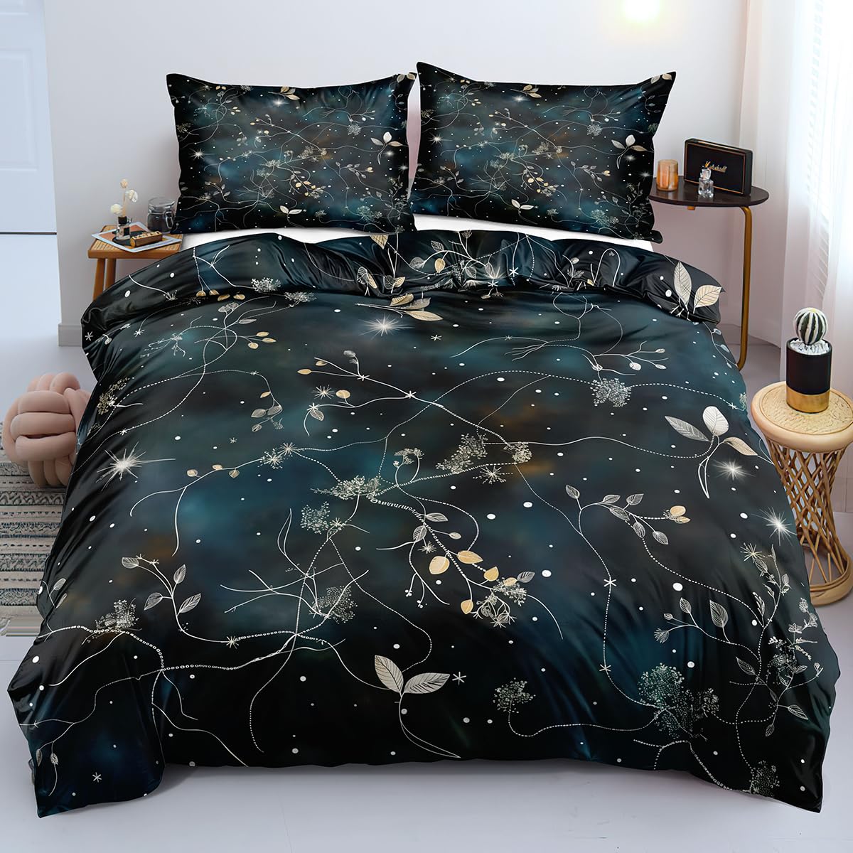 Style bohème vintage pour cette parure de lit 140x200 motif ciel étoilé