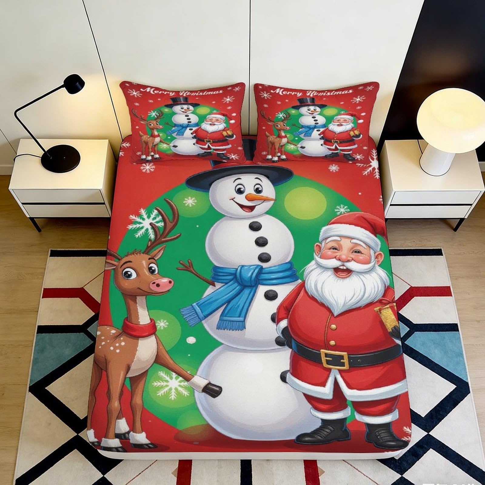 3D Printed Christmas Snowman Fitted Sheet Microfiber Santa Claus Reindeer Mattress Cover for Bedroom Guest Room Easy Care 140x200x25cm