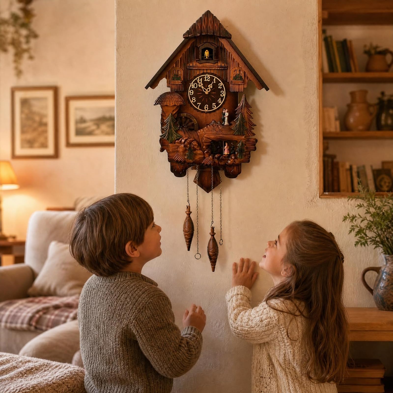 F Fityle Reloj de Pared Reloj con Reloj de Madera Reloj Colgante de Basswood con Forma de Casa con Cadena Colgante y Pesas con Aspecto de Adecuado para Sala de, 518 Esfera Romana