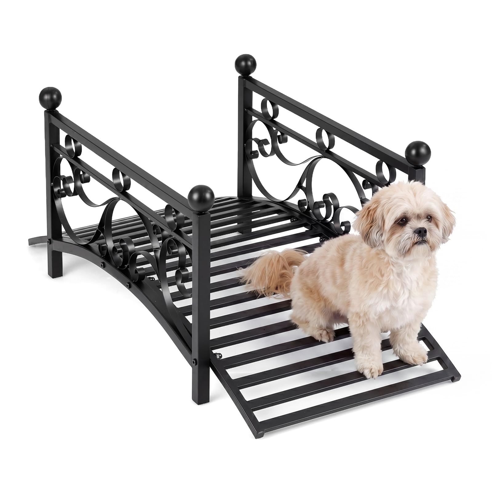 COSTWAY Ponte da Giardino in Metallo, Ponticello Resistente con Ringhiere di Sicureza e Decorazioni Floreali, Passerella ad Arco per Laghetto, Stagno e Cortile, Portata 150 kg, 101,5 x 45 x 43,5 cm