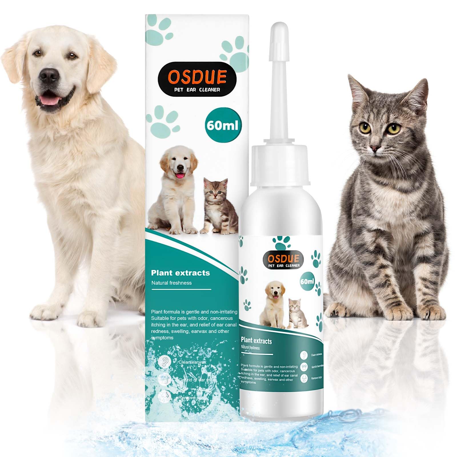 OSDUE 60ML Limpiador de Oídos para Perros y Gatos, Limpiador de Oídos para Perros y Gatos 100% Natural, Contiene Extracto de Manzanilla para Eliminar el Olor, Aliviar el Picor y Prevenir Infecciones