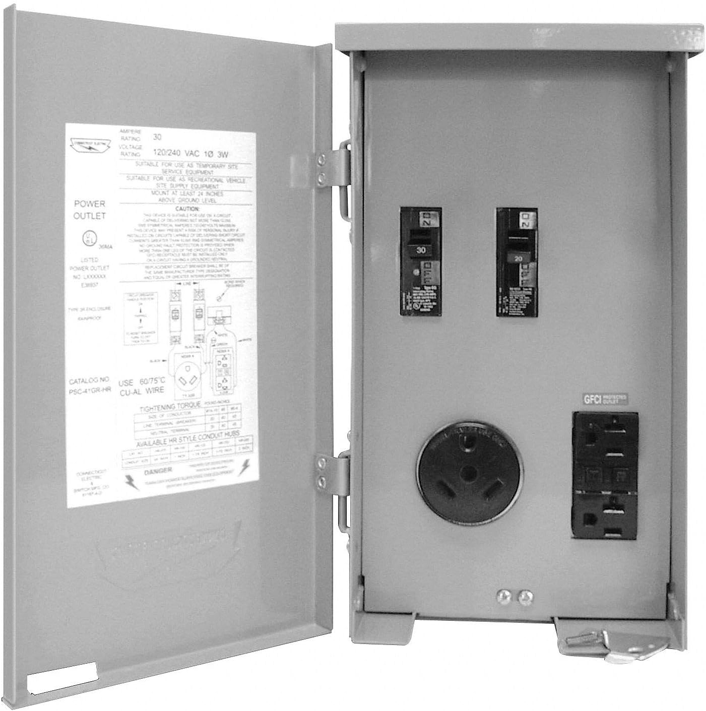 Temporary Power Outlet Panel with 20A/30A Breakers, TT-30R & 20A GFCI Outlets | Indoor/Outdoor Use | ETL Listed