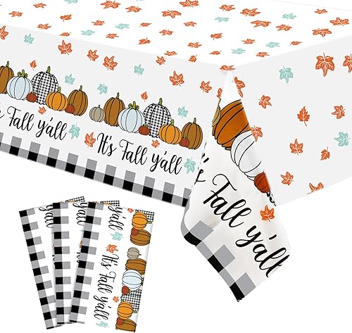 Buryeah 3 manteles de plástico desechables de Acción de Gracias y otoño, mantel de arce a cuadros de calabaza, 51 x 86.6 pulgadas, rectangular, para