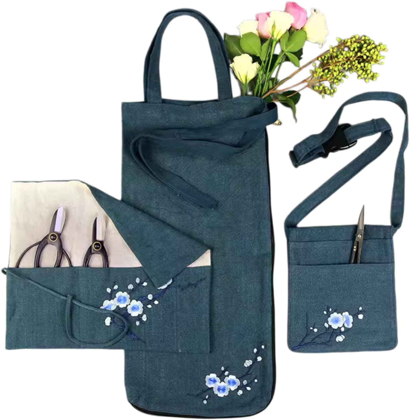 Florist Tool Apron Set - Embroidered Multi-Pocket Gardening Apron with Tool Roll & Pouch, Adjustable Waist Apron for Flower Arrangement