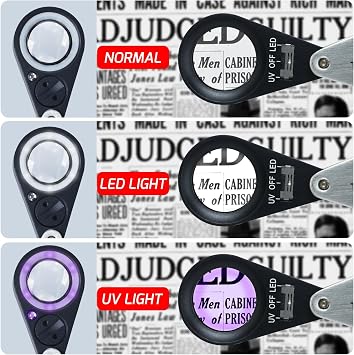 Gain Express Jewelers Loupe Magnifier, Jewelry Loop Magnifier with Light, Hastings Triplet Loupe 10X for Coin, Gem, Stamp, Diamond etc (White LED & UV Light)