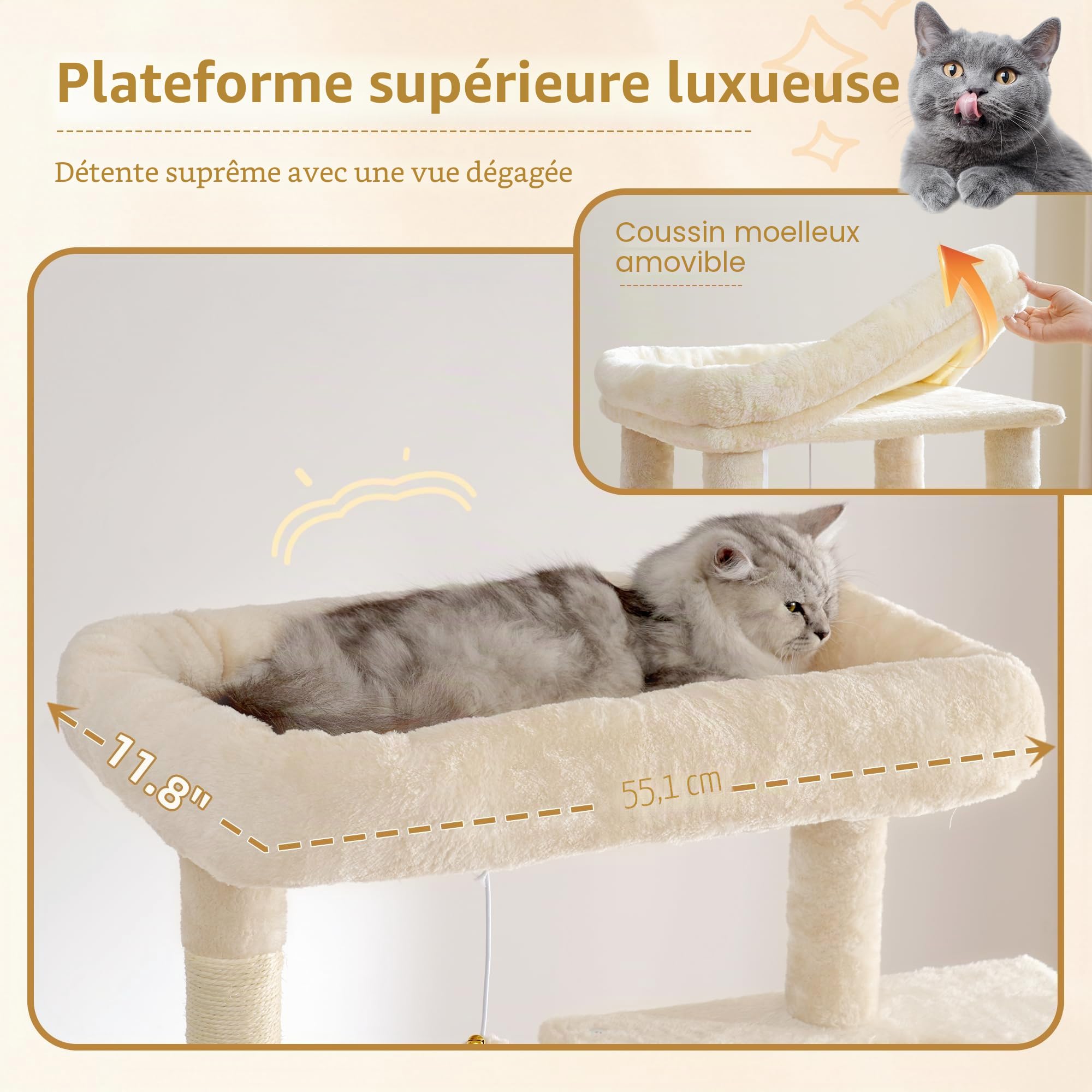 Heybly Arbre à Chat XXL 193cm, Base Extra Large, Tour Lourde avec 10 Poteaux en Sisal et 2 Hamacs pour Chats, 2 Niches Design, Mobilier et Couchage pour Chats Géants, Beige HCT039M