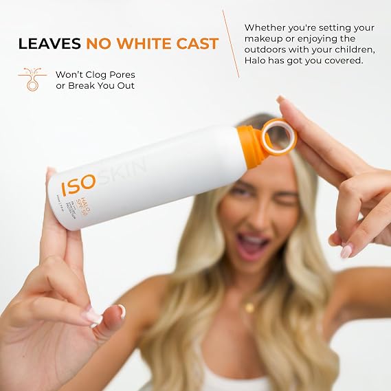 ISOCLEAN Isoskin Halo SPF 50 - with PA+++ UVA/UVB Protection, Can Be Worn Over Makeup, No White Cast, Sunscreen Face Mist, Aloe Vera Hydrating Formula, Water Resistant, Non-Stick, Dries in 60 Seconds