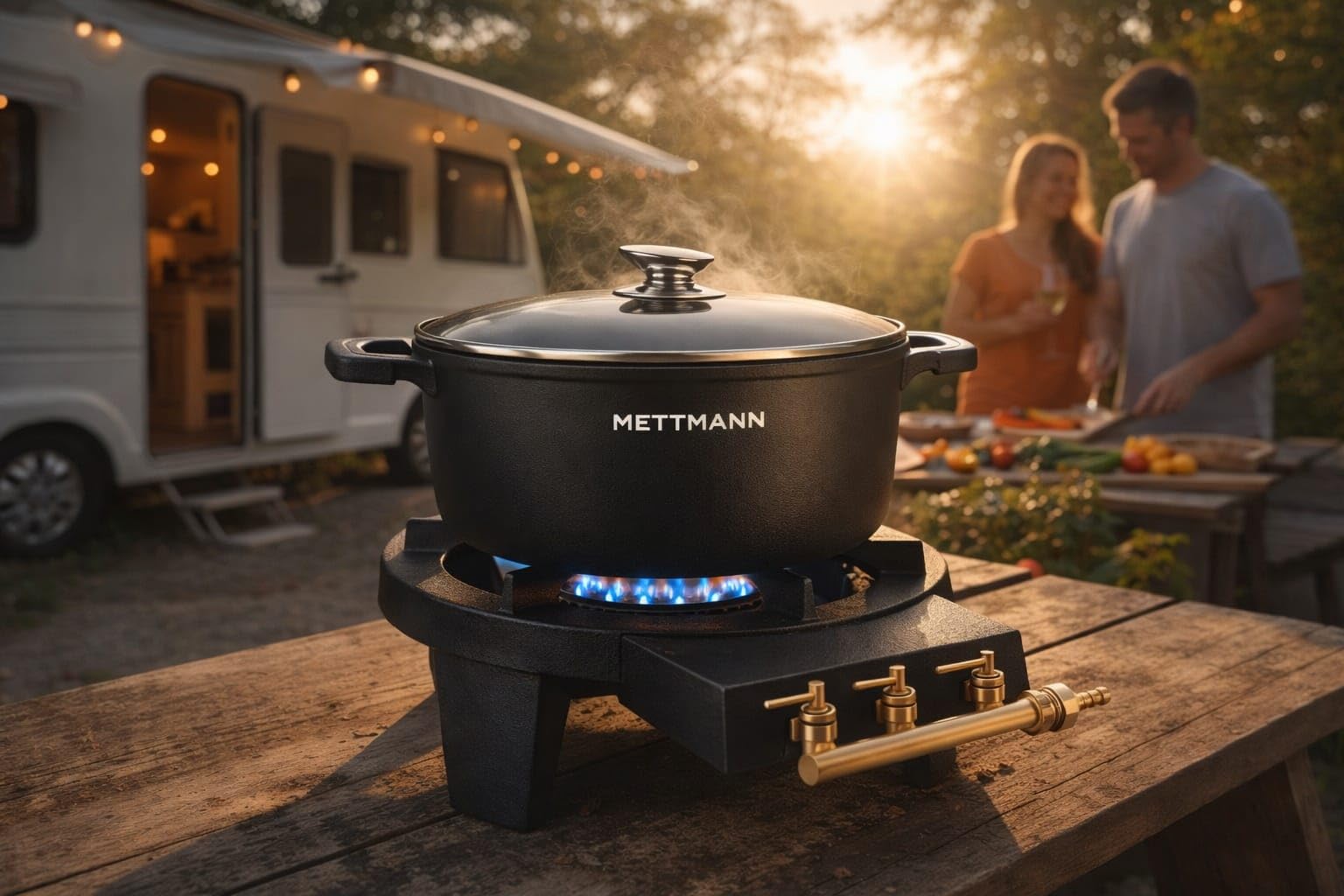 Réchaud à Gaz en Fonte Véritable 9kW Noir – 2 Brûleurs Puissants pour Grands Volumes – 3 Pieds Robustes, 3 Robinets en Laiton – Cuisson Extérieure Camping, Fête, Grosse Marmite, Alambic, Stérilisation