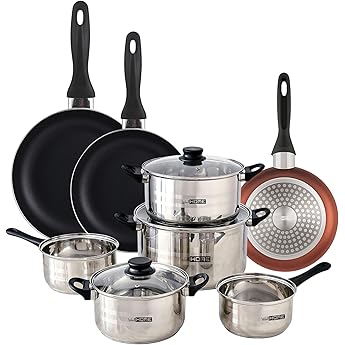 Well Home Kochgeschirr-Set 8-teilig Edelstahl + 3 Pfannen   16 x 20 x 24 cm Kupfer metallisiert aus gepresstem Aluminium