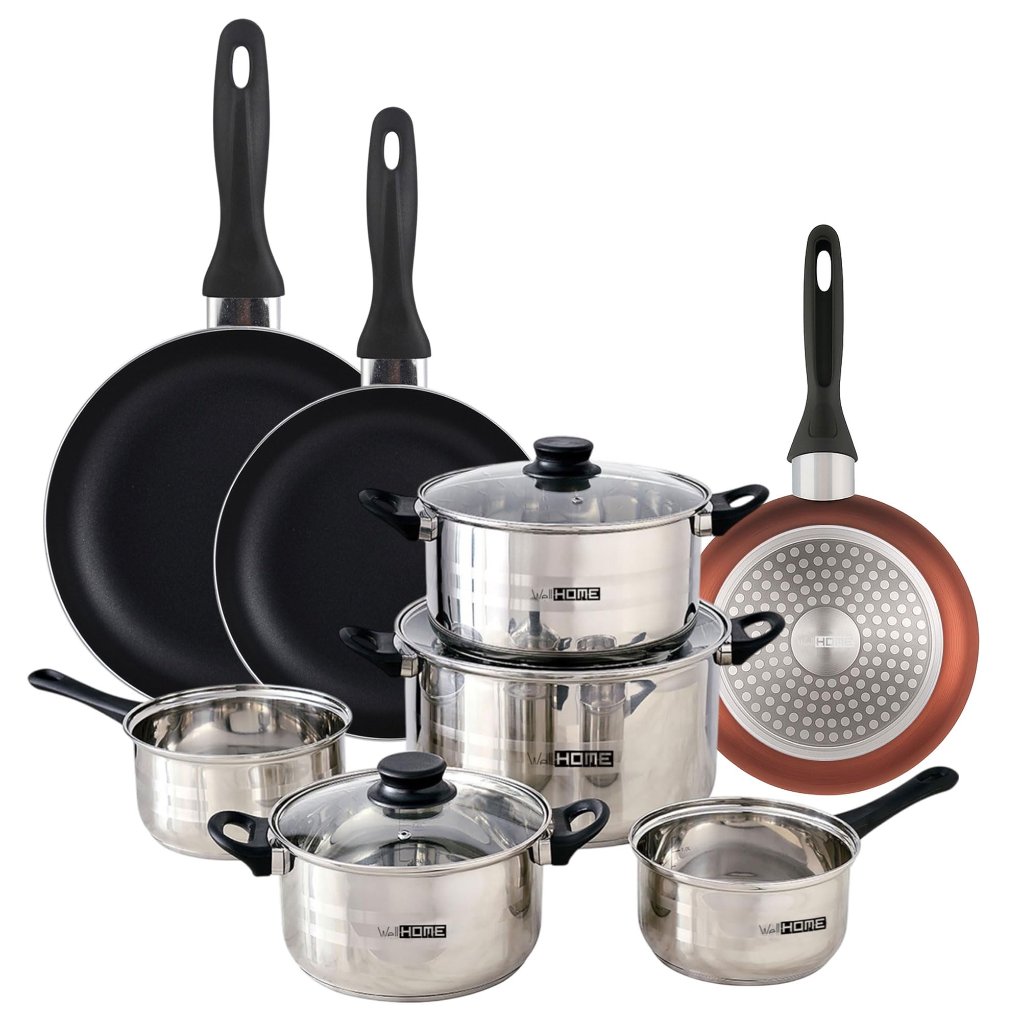 Well Home Set de batterie de cuisine de 8 pièces en acier inoxydable + 3 poêles Ø16Ø20Ø24cm Cuivre métallisé en aluminium pressé