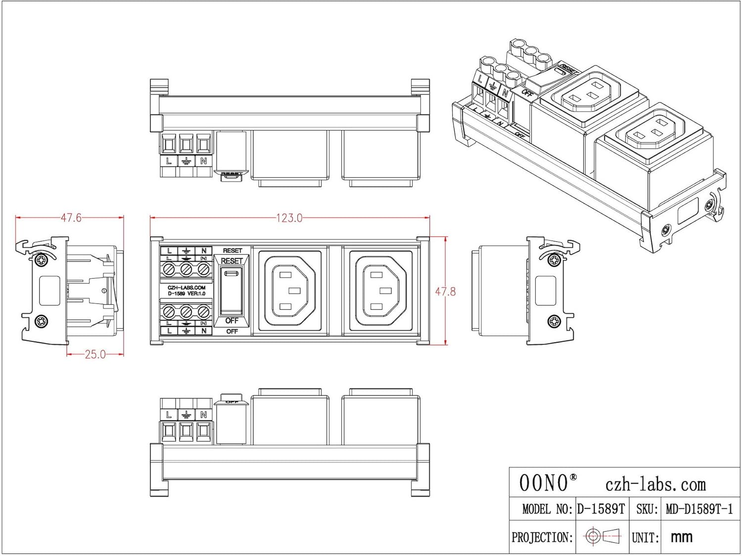 DIN Rail Mount AC 250V IEC320 C13 Double Receptacle Outlet Power Strip Module, with Rocker Switch Thermal Circuit Breaker Overload Protector (D-1589T)
