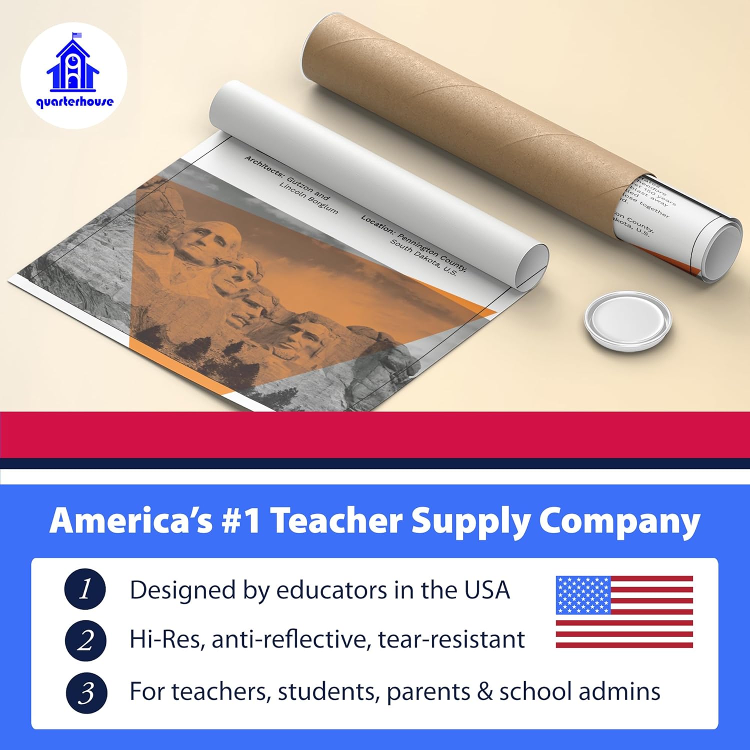Quarterhouse 8 Poster American Landmarks Set, Social Studies Classroom Learning Materials for K-12 Students and Teachers, 12 x 18 Inches, Made in USA