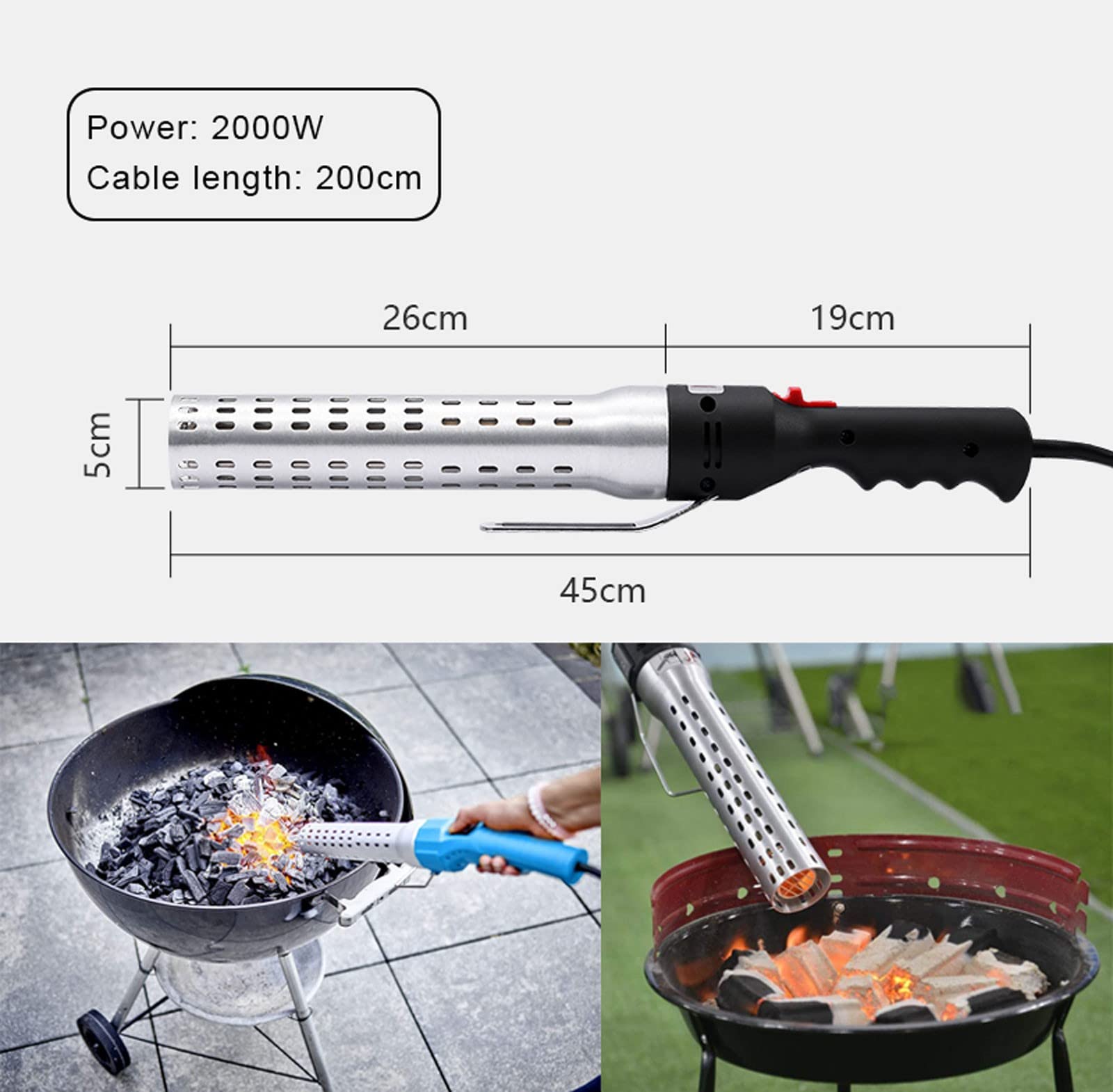 Encendedor Barbacoa, Encendedor Barbacoas de Carbon Electrico para Chimenea Cámping BBQ Horno para Pizzas, Enciende Rápidamente en 60s, 2000W, Máximo: 650 ℃ (Color:Red)