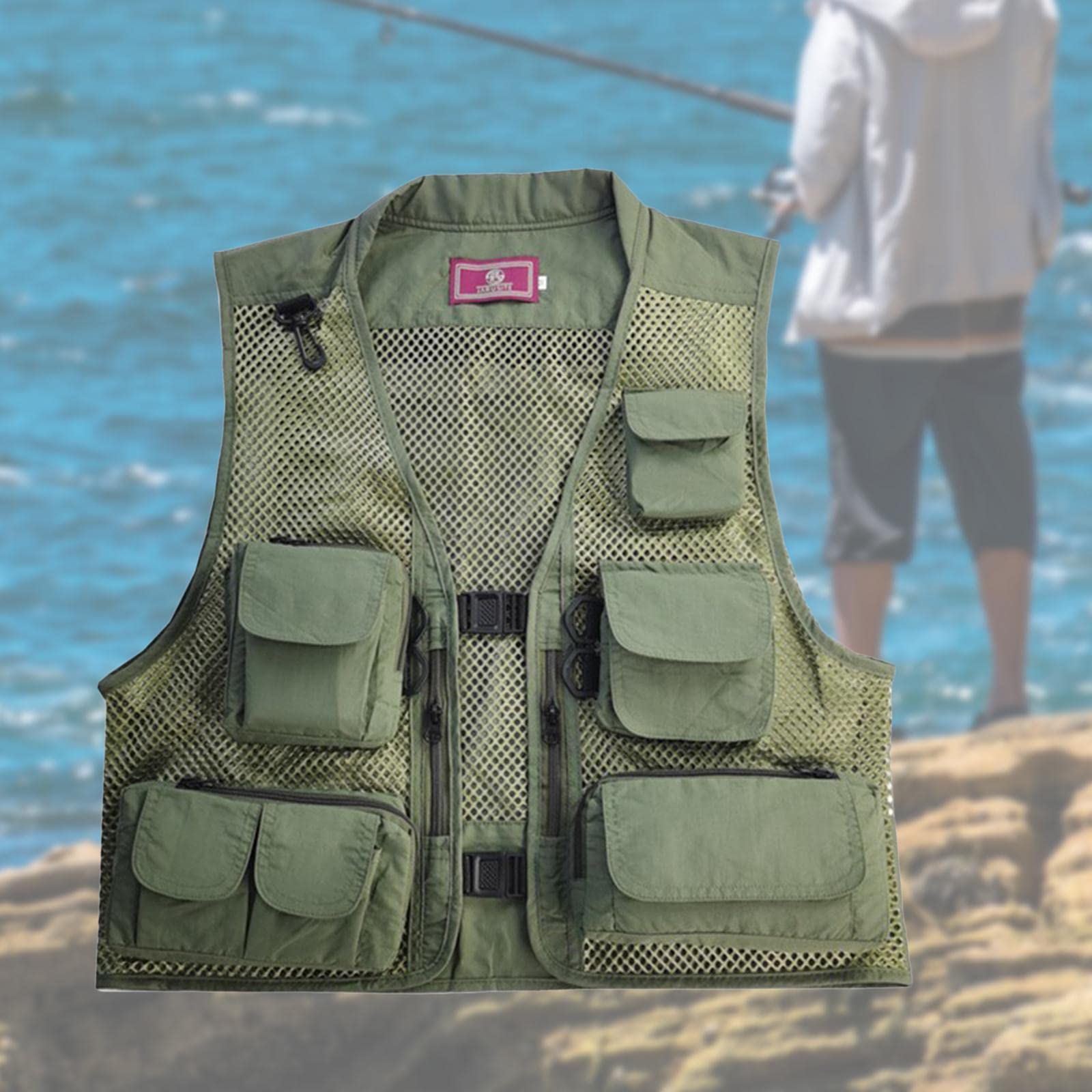 Gilet da Pesca da Uomo Leggero E Traspirante con Poliestere Idrorepellente, Schienale Removibile, Pieghevole, Ampio Spazio per Riporre Oggetti