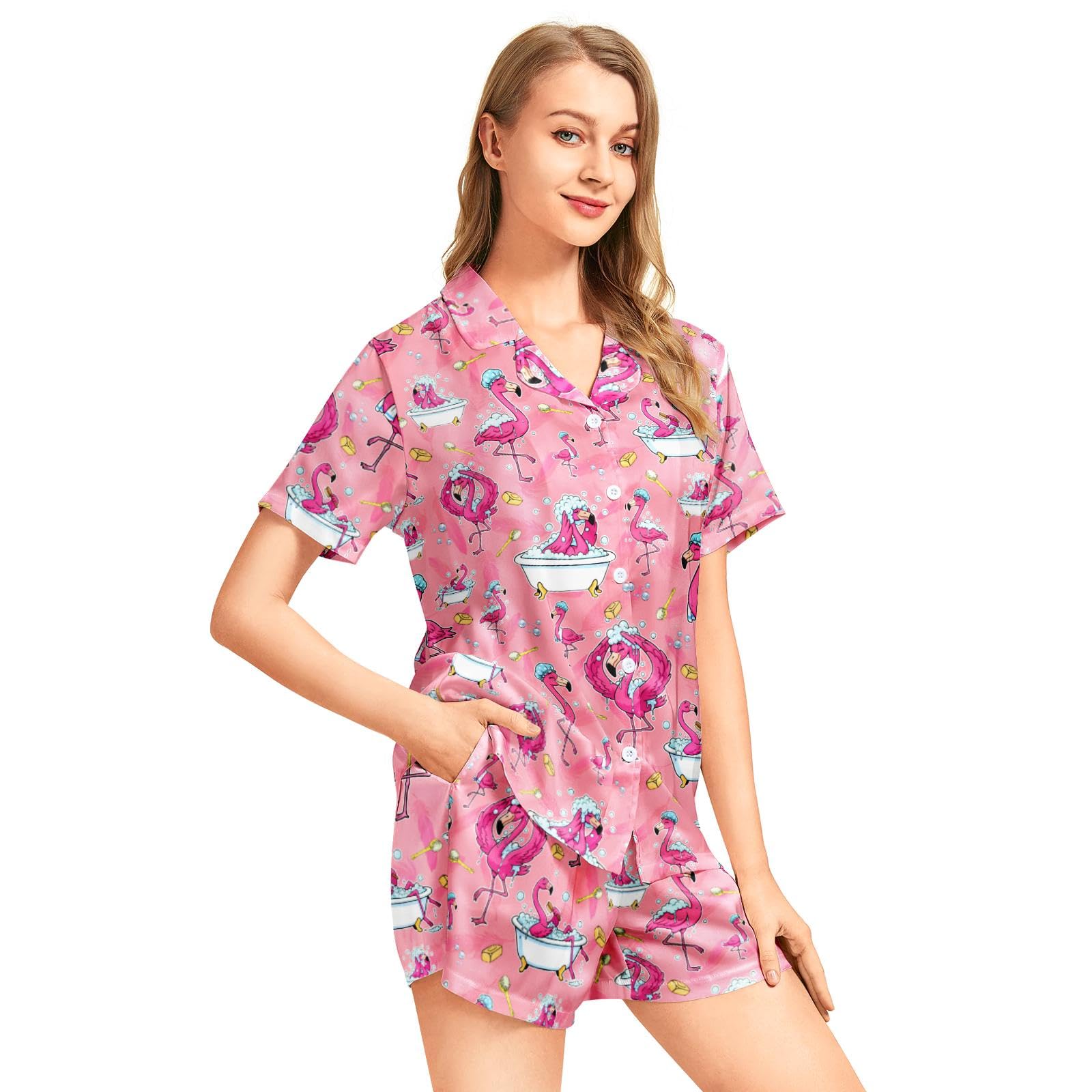 Funny Pajamas for Women Set Print Satin Loungewear Pjs Short Sleeve Button Down Top and Shorts Sets Sleepwear XS-3XL