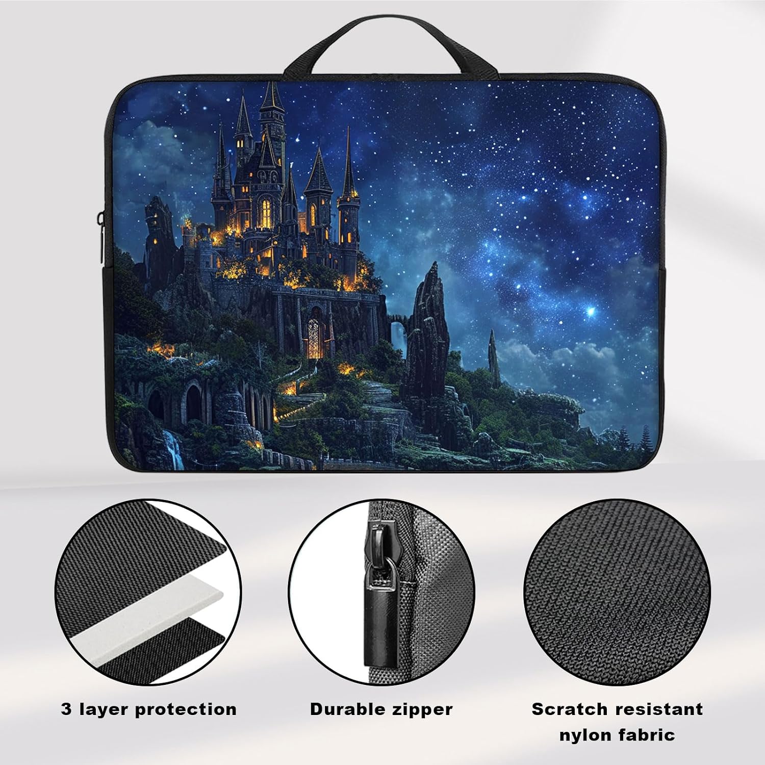 Laptop Sleeve Case 13-14 Inch, Shockproof Protective Cover, Durable Water-Resistant Bag Compatible for MacBook, HP, Lenovo, Dell, ASUS, Castle in Nighttime Design image 4