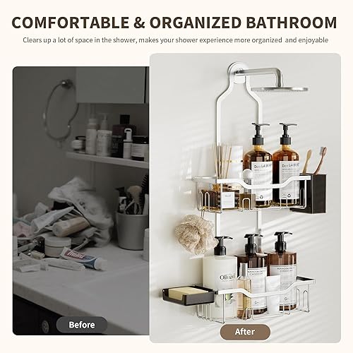 Miniatura 7 de Organizador de ducha colgante de 2 niveles para cabezal de ducha alto con jabonera y soporte para cepillo de dientes, resistente al óxido sobre el