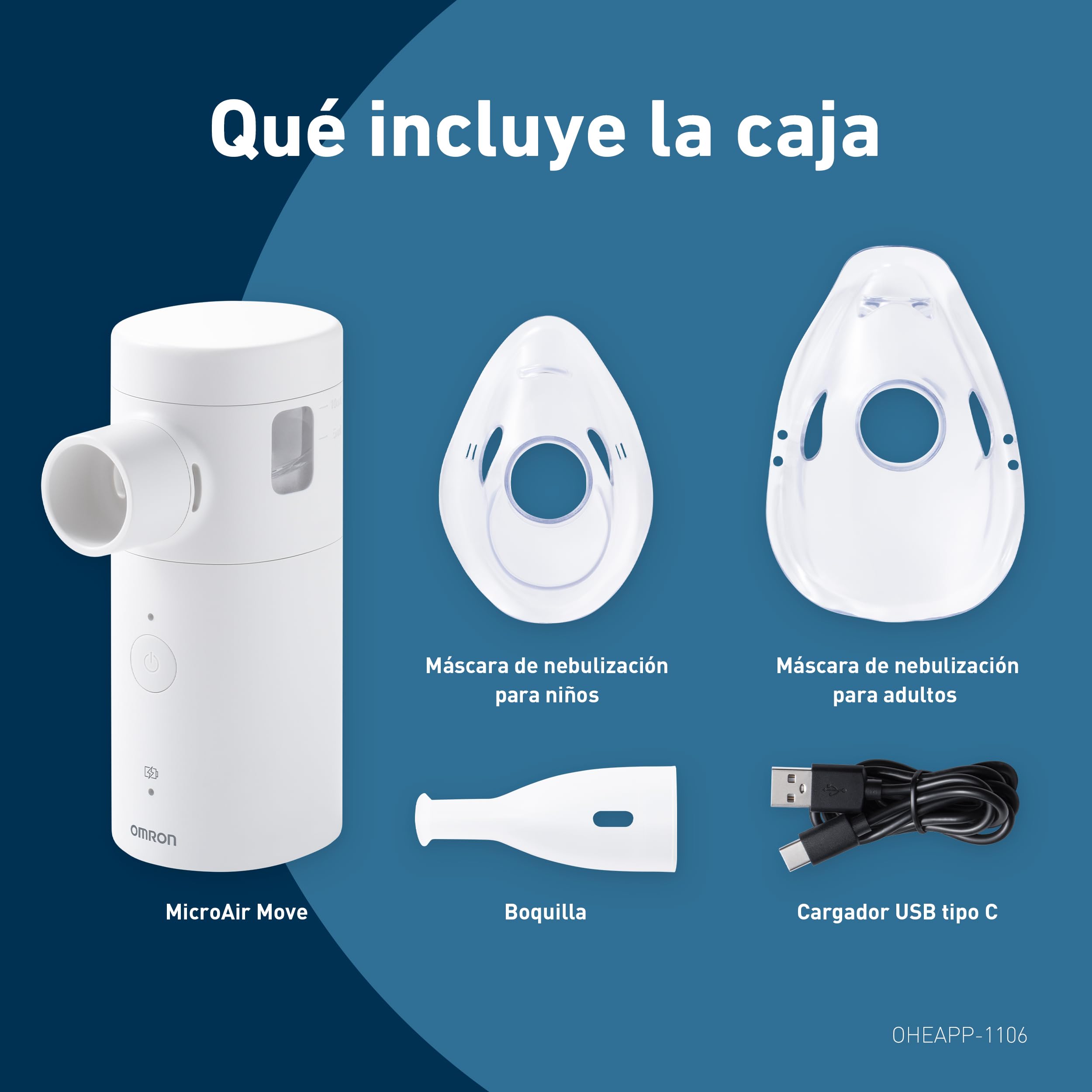 OMRON MicroAir Move Nebulizador Portátil Silencioso, nebulizador para adultos y niños, Recargable USB-C, Incluye Boquilla, 2 mascarillas y bolsa de viaje