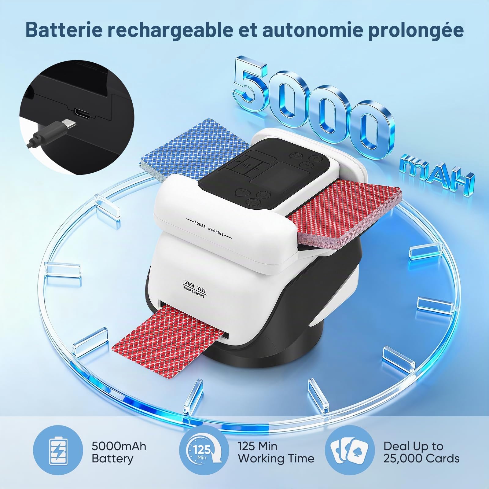 Mélangeur de cartes automatique 2-en-1 et machine à distribuer pour 2-8 joueurs, rotation à 360 degrés, dés intégrés, batterie 5000mAh, 5 modes de jeu pour Texas Hold'em et Blackjack (2-EN-1