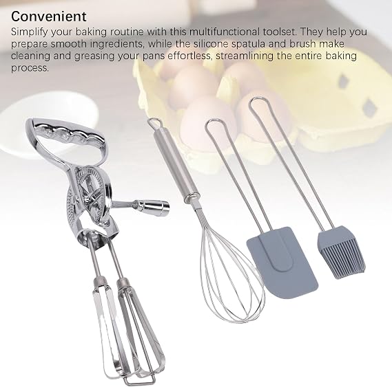 Rotary Egg Beater Set - High Efficiency Manual Egg Whisk with Silicone Spatula & Brush, Ergonomic Hand Mixer for Baking, Cooking, Whipping Cream, Mayonnaise