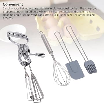 Rotary Egg Beater Set - High Efficiency Manual Egg Whisk with Silicone Spatula & Brush, Ergonomic Hand Mixer for Baking, Cooking, Whipping Cream, Mayonnaise