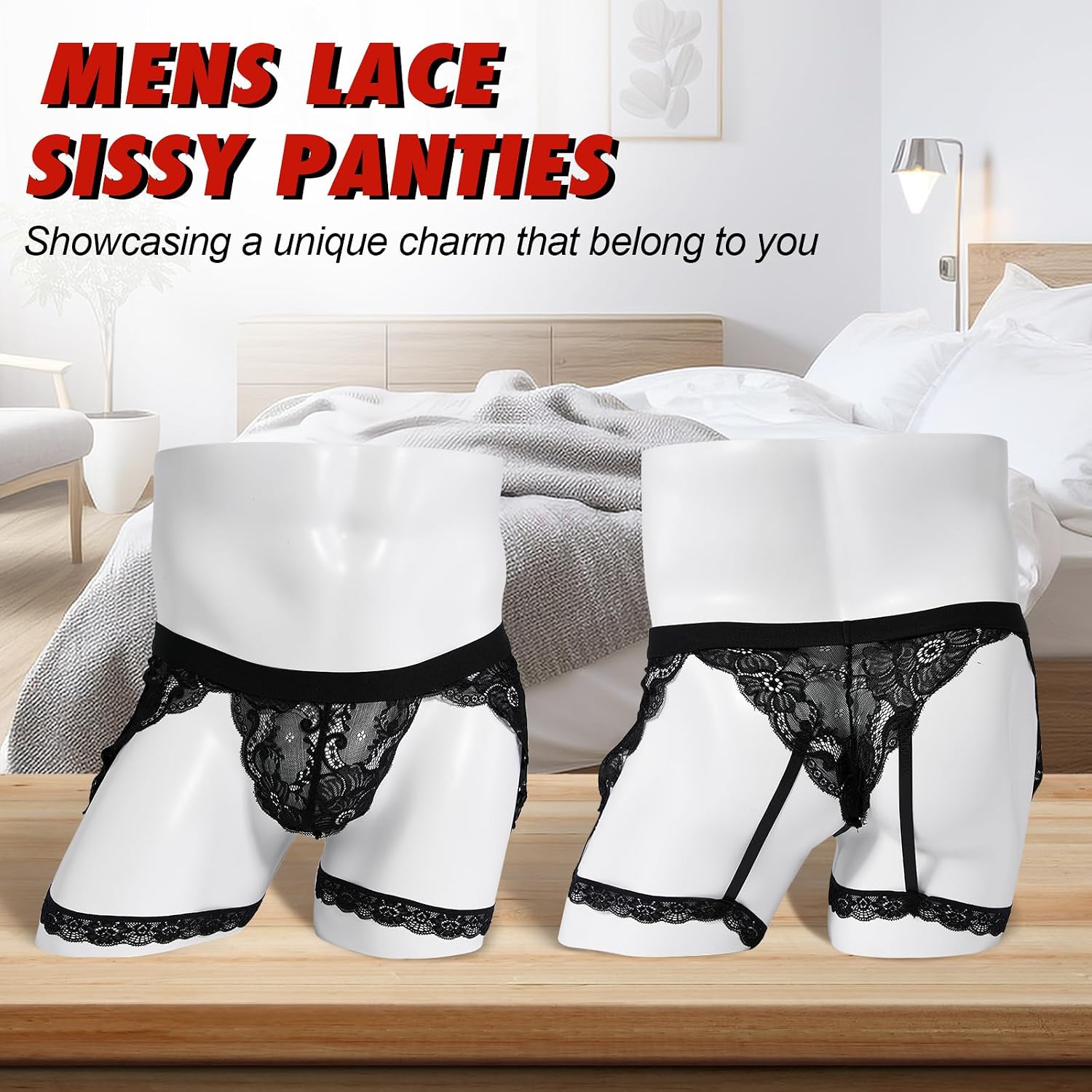 Mens Sexy Lace Panties Sissy Lingerie Thongs with Garters Sheer G-string Underwear for Cross-dressers