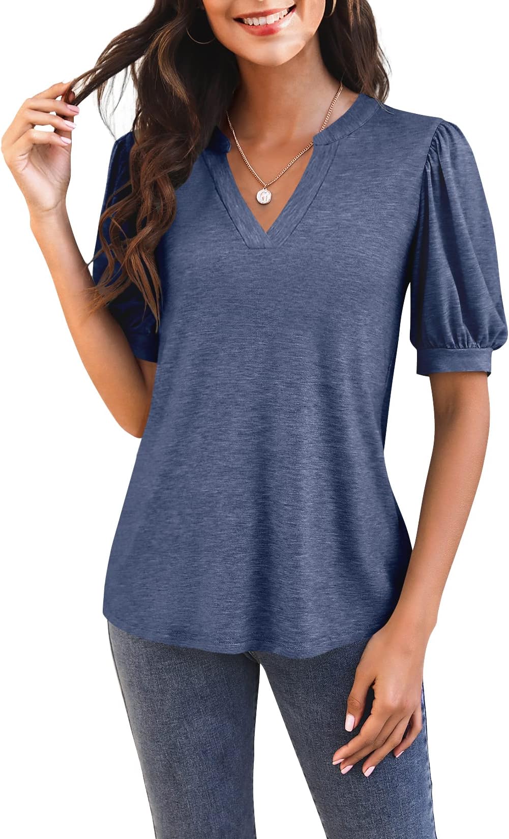 Imily BelaWomens V Neck T Shirts Casual Puff Sleeve Loose Dressy Blouses Summer Tops