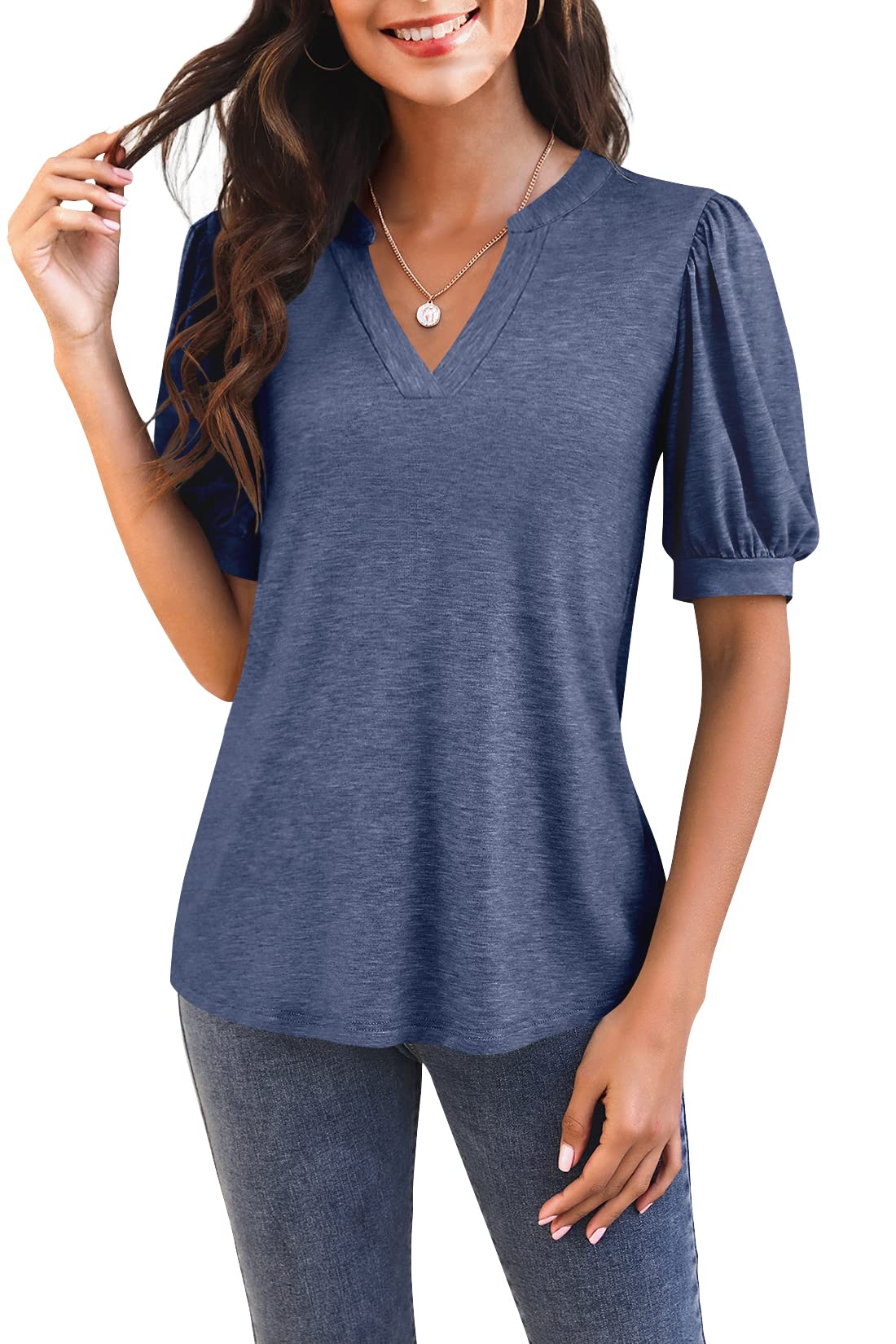 Imily BelaWomens V Neck T Shirts Casual Puff Sleeve Loose Dressy Blouses Summer Tops