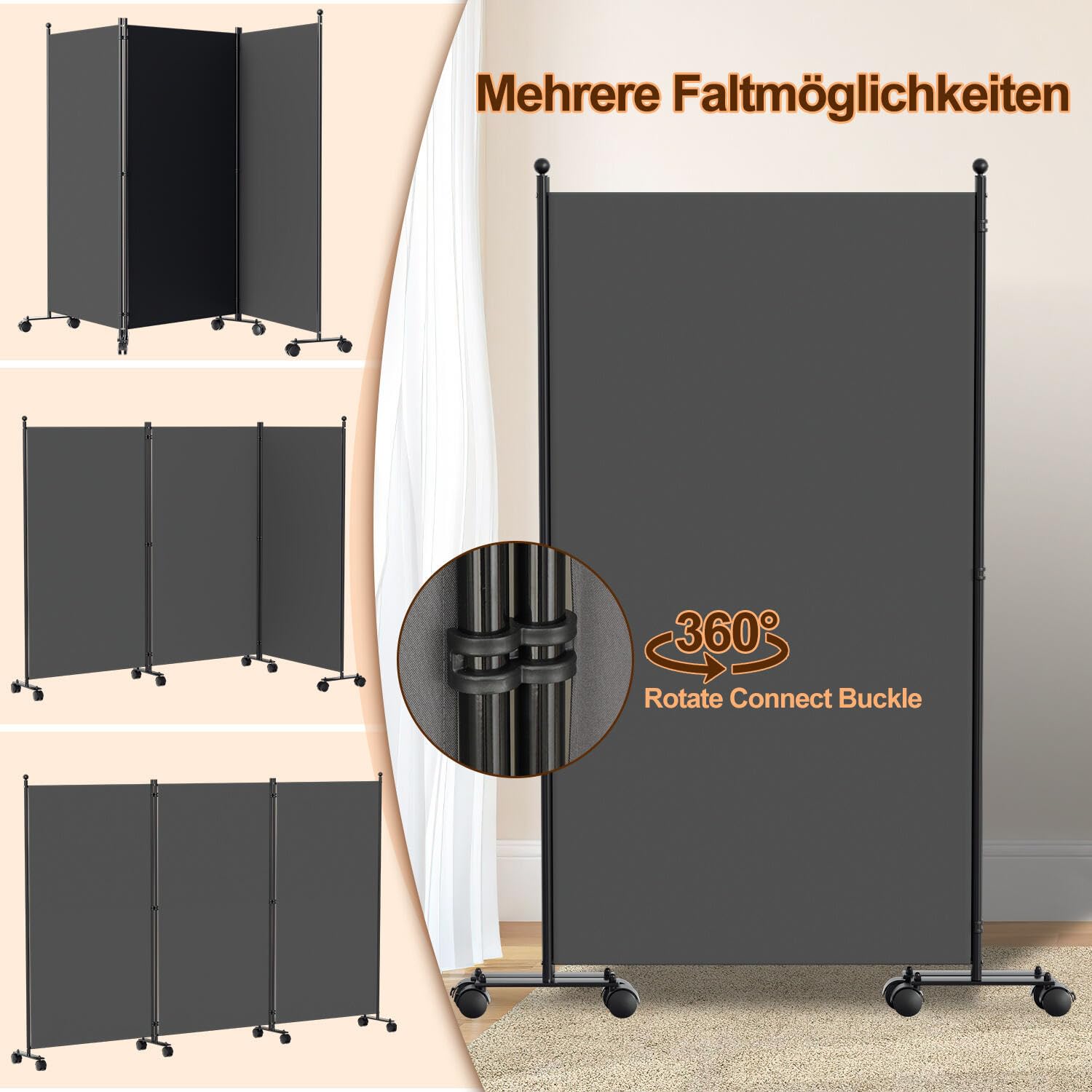 Paravent auf Rollen 263x181cm - Raumteiler 3 Teilig Anthrazit für Büro, Eventbereich Indoor | Spanische Wand Mobile Trennwand (Anthrazit)