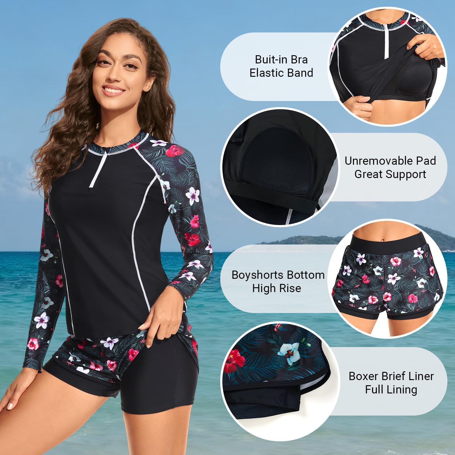 Long Sleeve Rash Guard for Women - 2 Piece Swimsuit with Shorts Zip Up Swim Shirt with Built-in Bra - Image 3