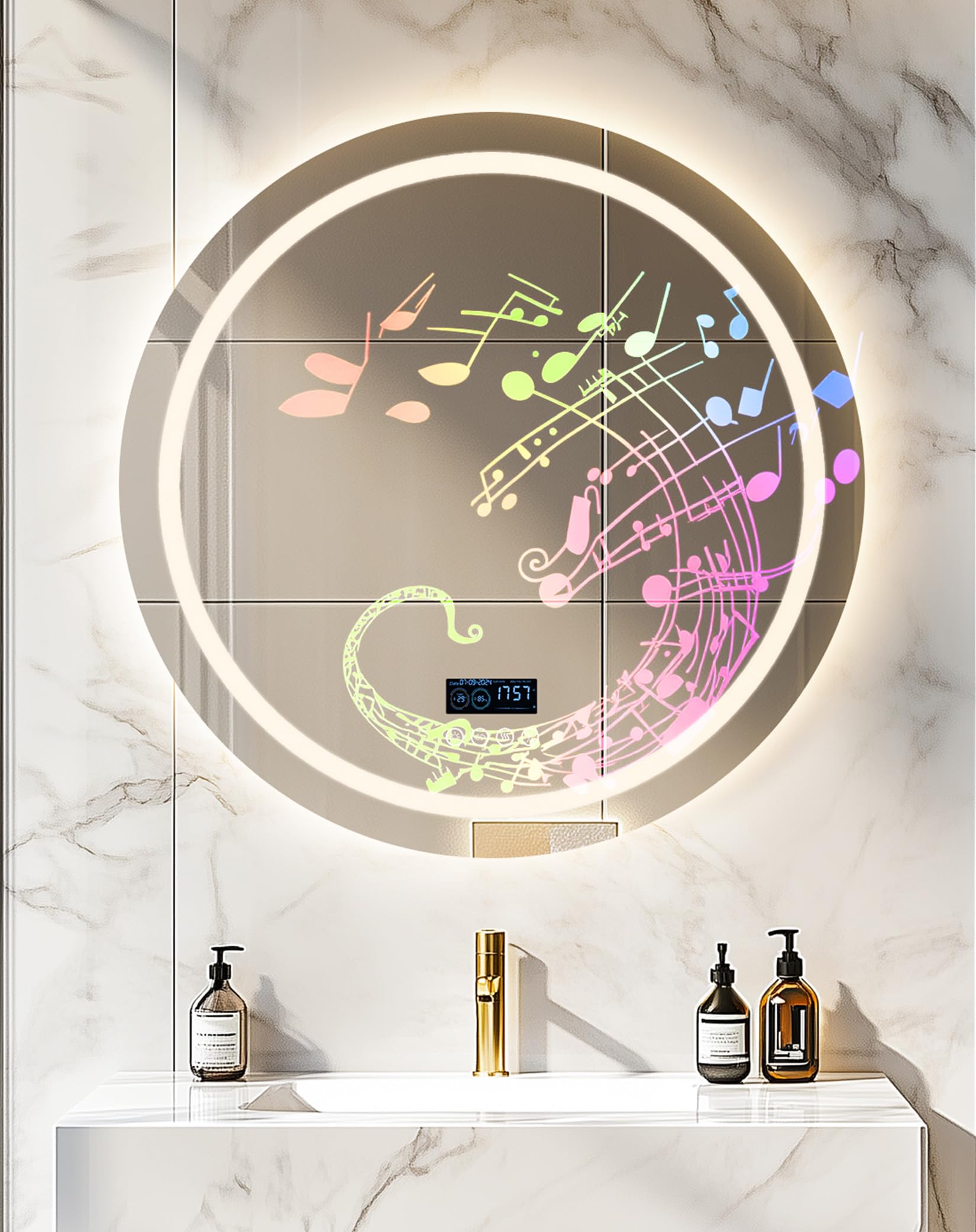 LUVODI Espejo Baño Luz Led Bluetooth Redondo:80 cm Espejo Baño Pared Antivaho Espelho Banho Lavavo Inteligente con 3 Colores de Luz Frontal y Retroiluminado Regulable Función Memoria 2 Altavoz Premium