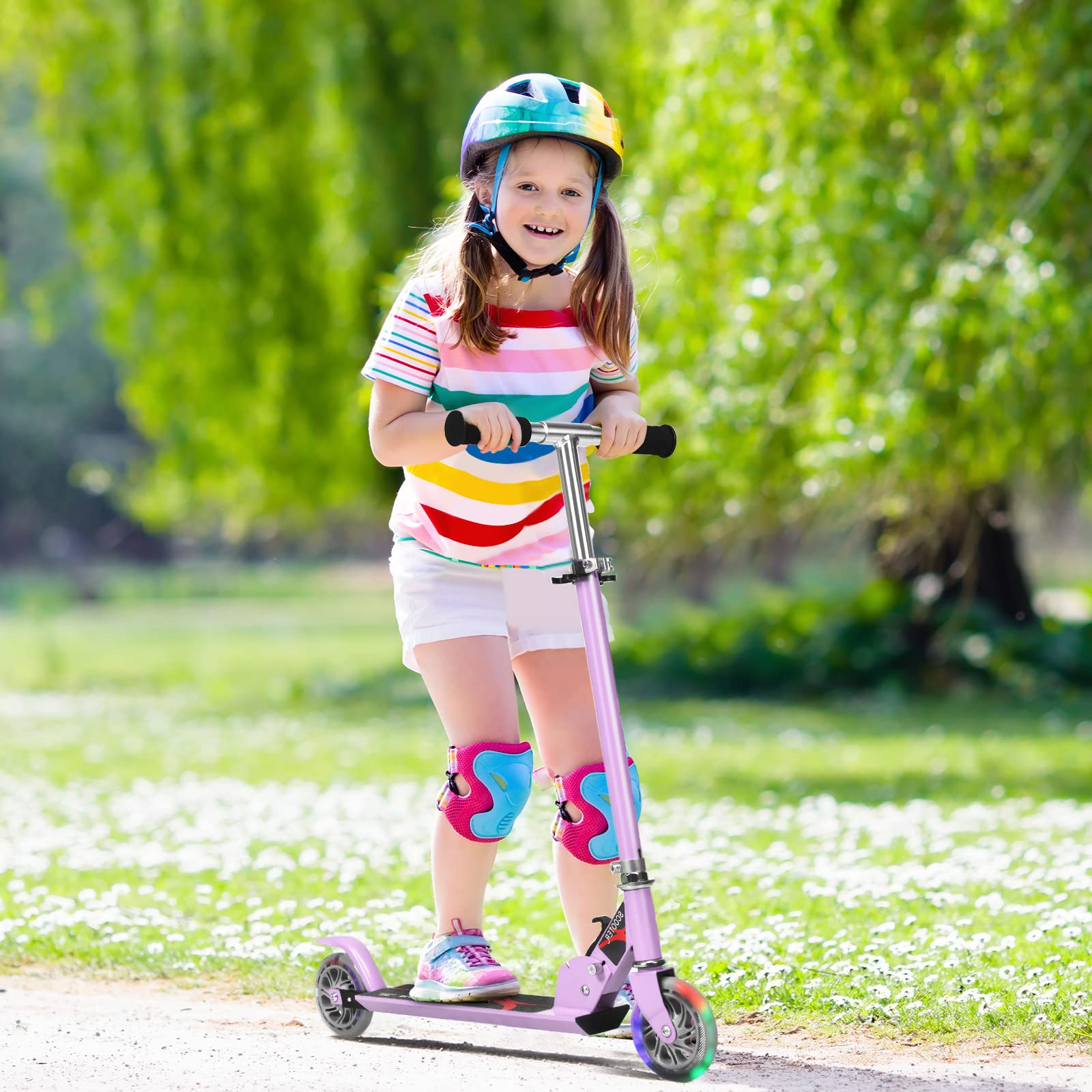 COSTWAY Trottinette Enfant Pliable avec Roulement ABEC-9 & 2 Roues Clignotantes 120mm, Trottinette Pro Enfants avec 3 Hauteurs Réglables & Béquille, Scooter, Charge 70kg pour 5-13 Ans