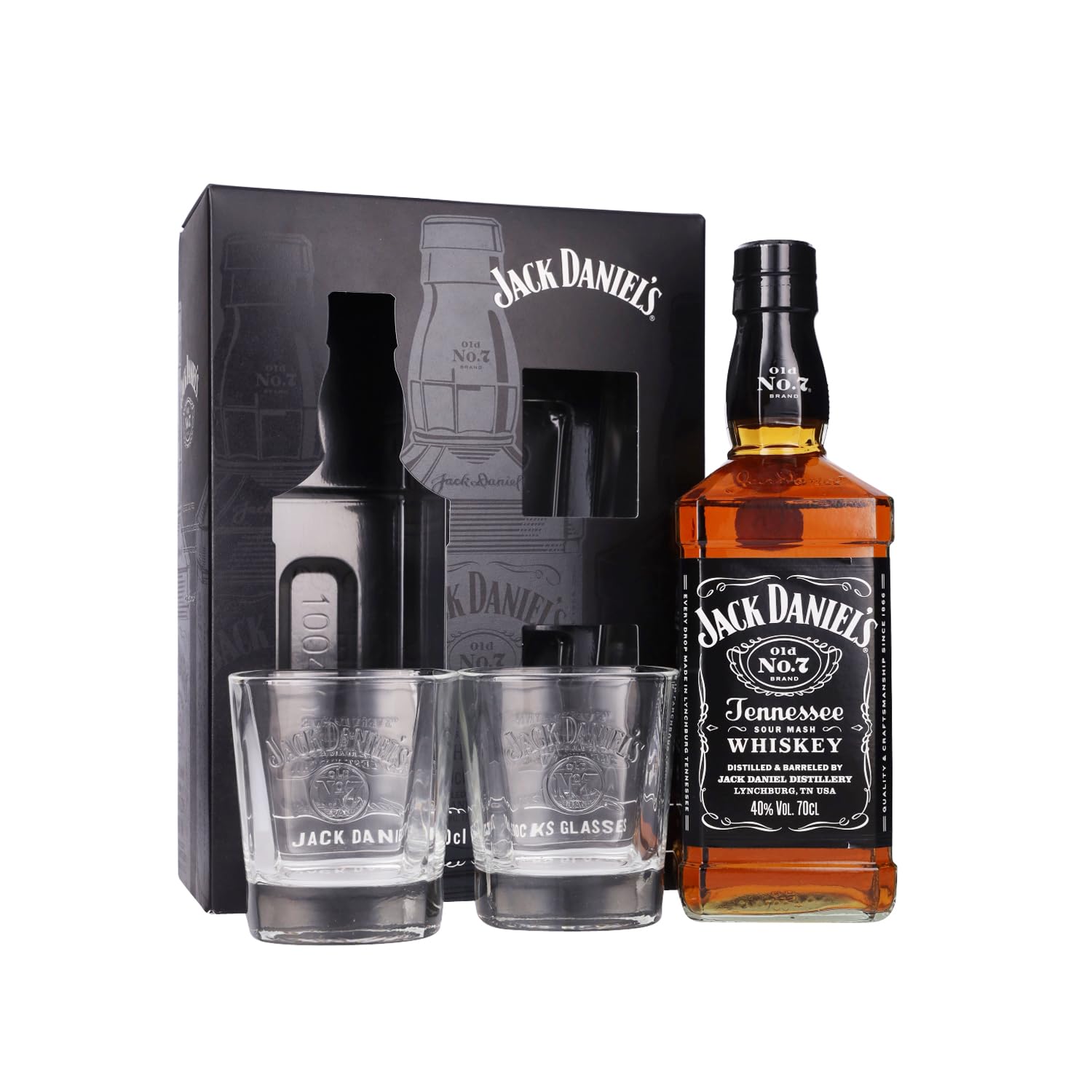 Jack Daniel's Tennessee Whiskey 40% Vol. 0,7l in Geschenkbox mit 2 Rocks Gläsern