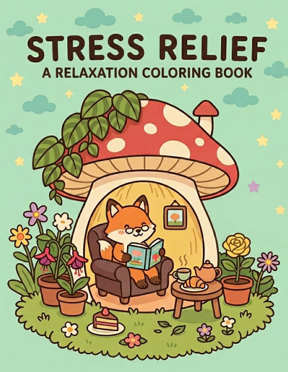 Stress Relief: A Relaxation Coloring Book: Subtitle: A Whimsical Garden Escape Featuring Cozy Mushroom Homes, Charming Woodland Friends, and Mindful Nature Scenes for Stress Relief