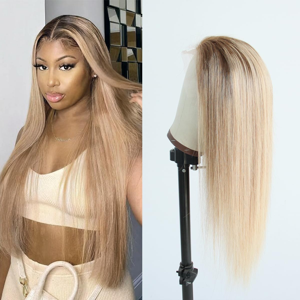 Pre Plucked Ear To Ear Lace Front Wig Ombre #4/27 Honey Blonde Straight Glueless 150% Density Brazilian Virgin Human Hair 20 INCH