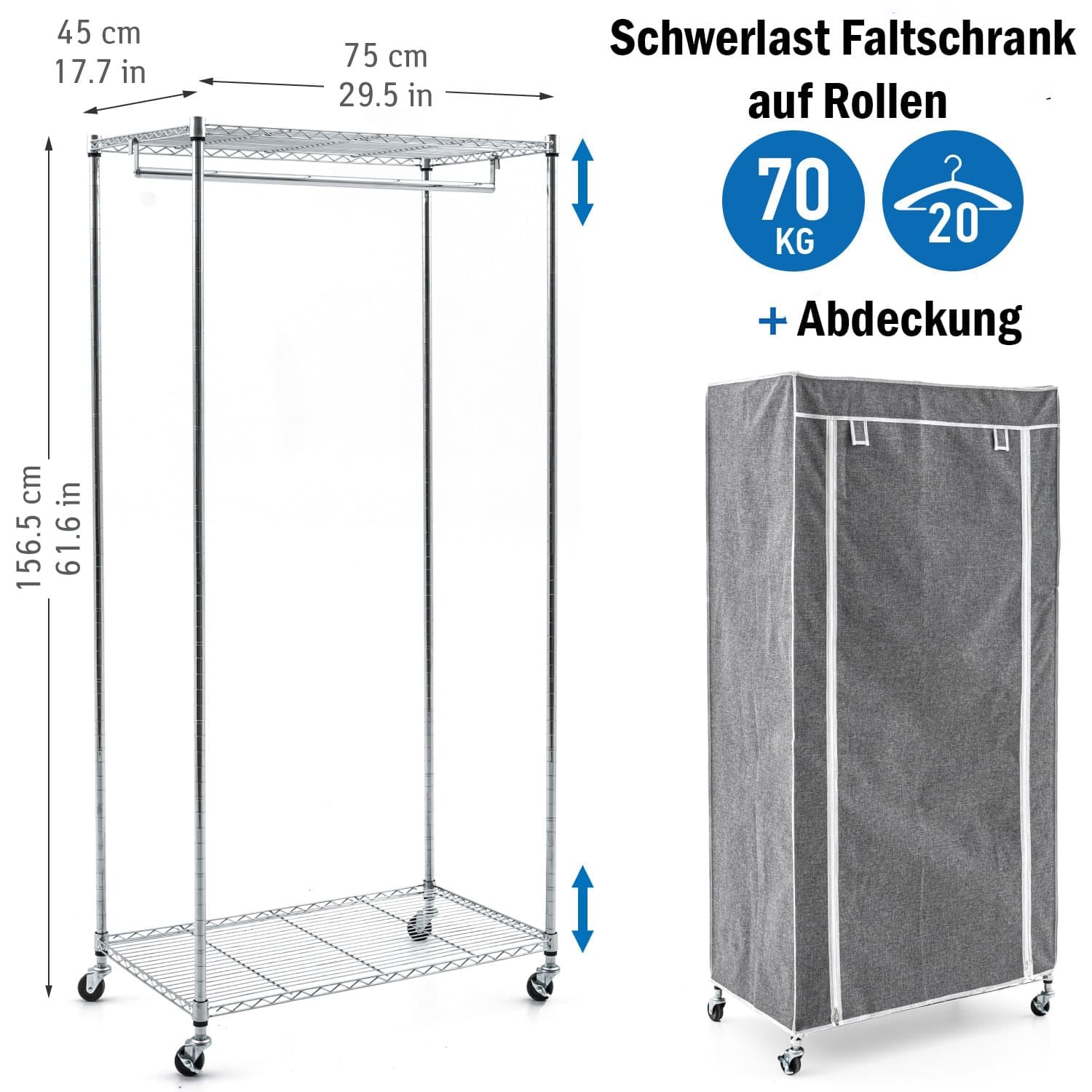 art moon Buffalo – Schwerlast Faltschrank mit Rollen, bis 70 kg, Kleiderständer mit Hülle, Stoffschrank mit 2 Ablagen und Kleiderstange, Stahl, Grau